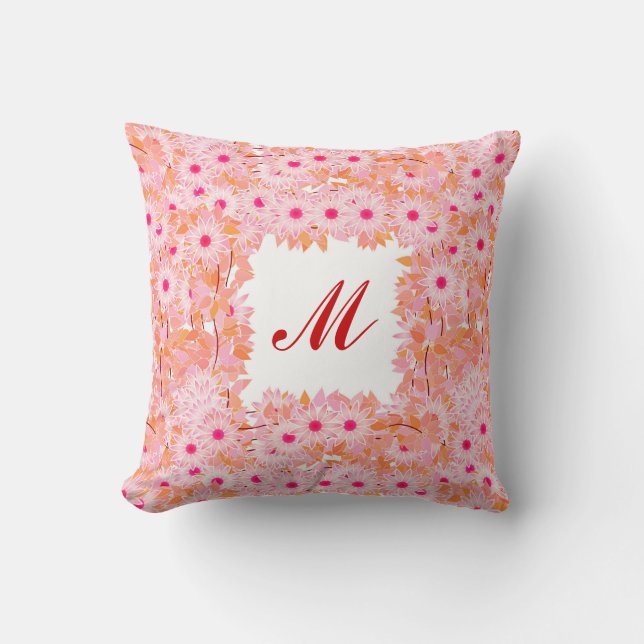Monogram framed with flowers - pink and peach throw pillow (Front)