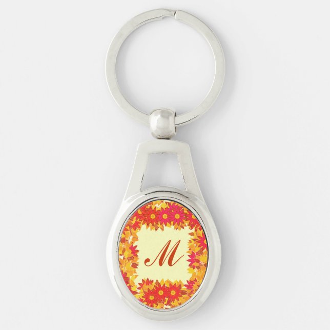 Monogram framed with flowers - red and gold keychain (Front)