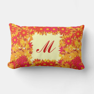 Monogram framed with flowers - red and gold lumbar pillow
