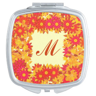 Monogram framed with flowers - red and gold makeup mirror