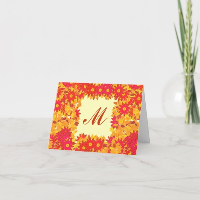 Monogram framed with flowers - red and gold note card (Front)