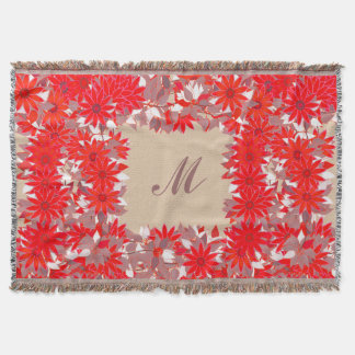 Monogram framed with flowers - red and taupe throw blanket