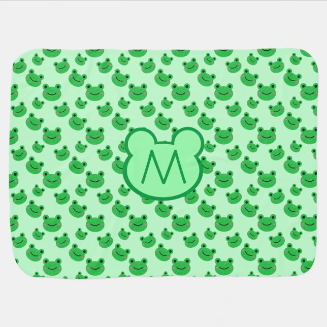 Monogram Frog Green Cute Modern Pattern Boy Shower Baby Blanket (Horizontal)