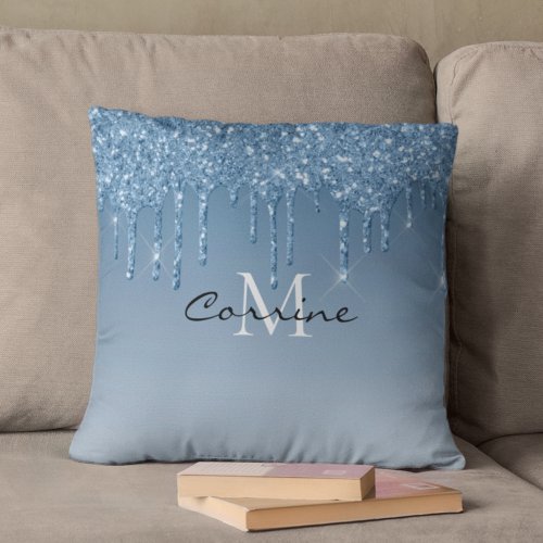 Monogram Frozen Ice Blue Dripping Glitter Metallic Throw Pillow