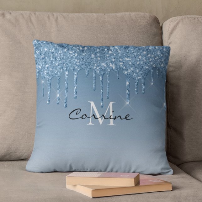 Monogram Frozen Ice Blue Dripping Glitter Metallic Throw Pillow (Creator Uploaded)