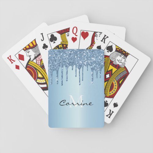 Monogram Frozen Ice Blue Metallic Dripping Glitter Poker Cards