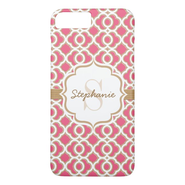 Monogram Fuchsia and Gold Quatrefoil Case-Mate iPhone Case (Back)