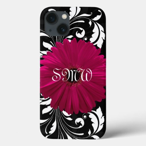 Monogram Fuchsia Gerbera Daisy Pretty Black Swirl iPhone 13 Case