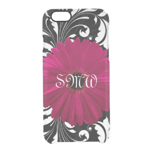 Monogram Fuchsia Gerbera Daisy Pretty Black Swirl Clear iPhone 6/6S Case
