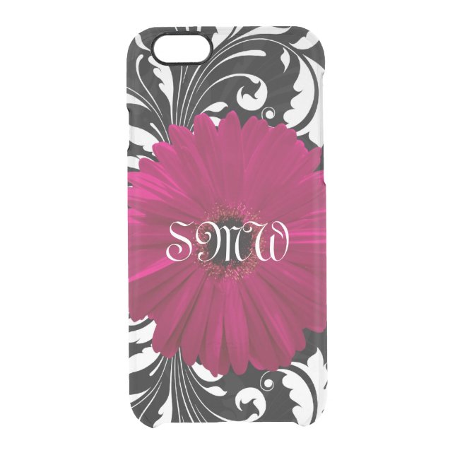 Monogram Fuchsia Gerbera Daisy Pretty Black Swirl Uncommon iPhone Case (Back)