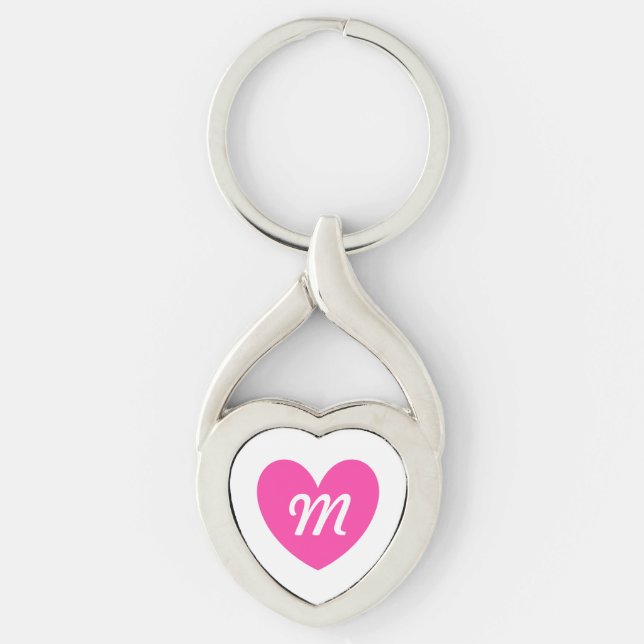 Monogram fuchsia pink heart on white keychain (Front)