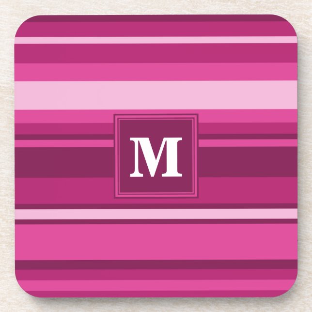 Monogram fuchsia stripes beverage coaster (Front)