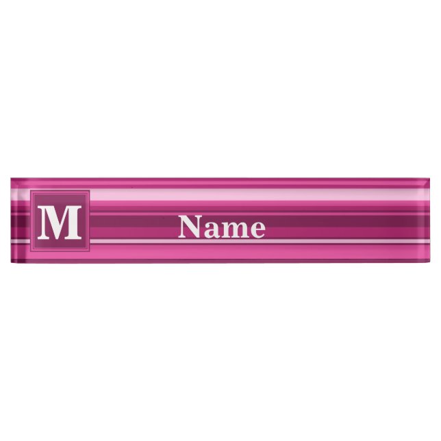 Monogram fuchsia stripes desk name plate (Front)
