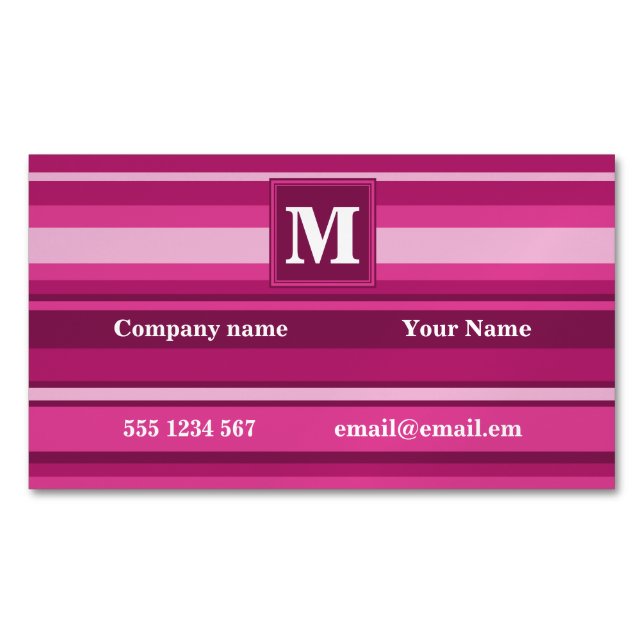Monogram fuchsia stripes magnetic business card (Front)