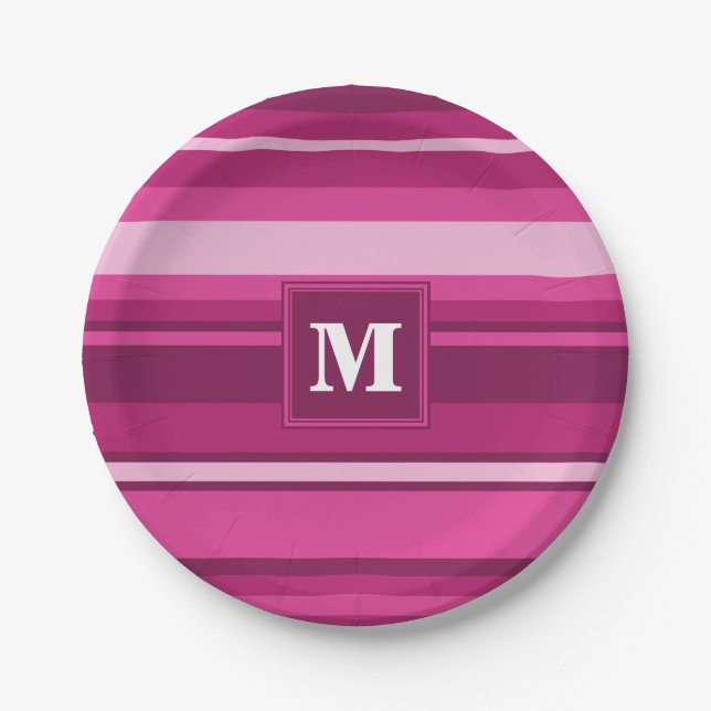 Monogram fuchsia stripes paper plates (Front)
