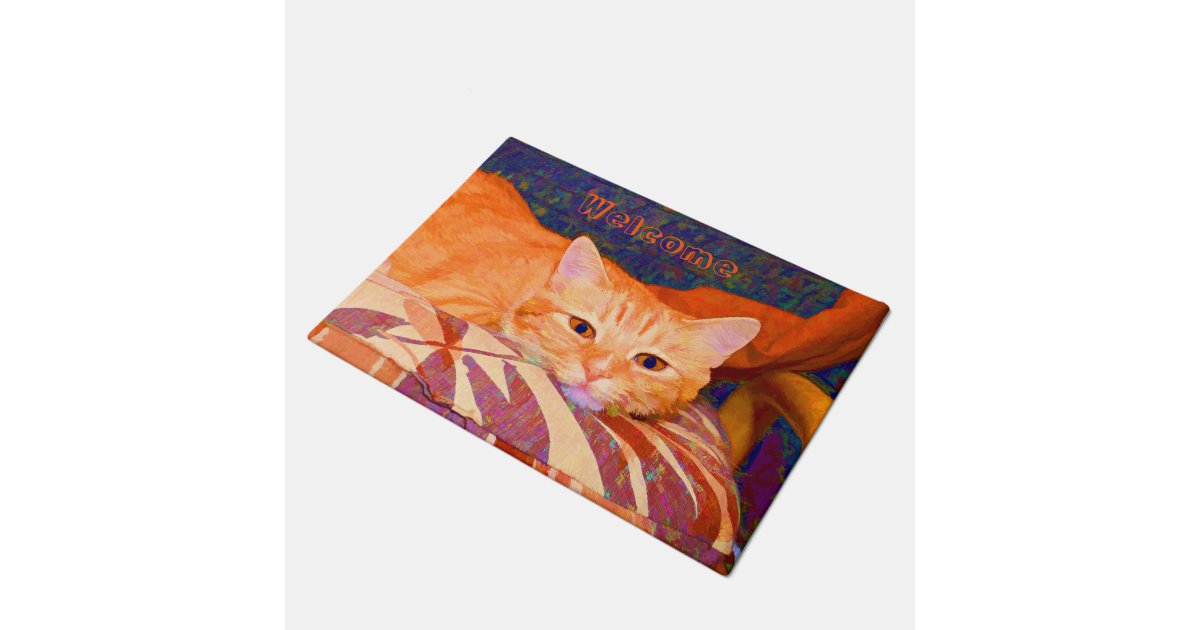 Monogram Funny Cute Bright Orange Tabby Cat Doormat Zazzle