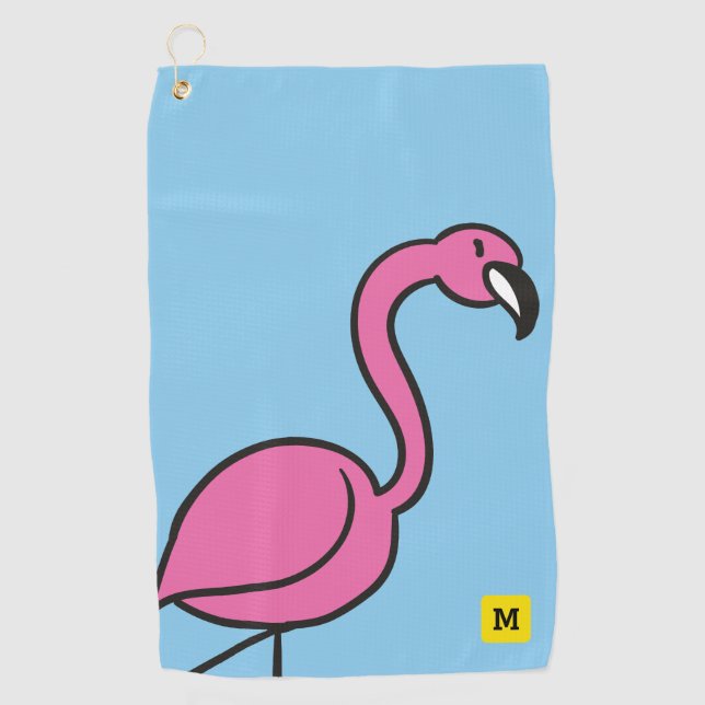 Monogram Funny Cute Pink Doodle Tropical Flamingo Golf Towel (Front)