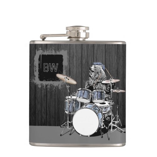 Monogram Funny Punk Rock Drummer Bear Musician Flask