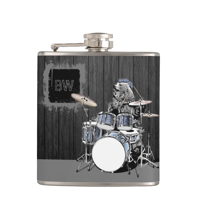 Monogram Funny Punk Rock Drummer Bear Musician Flask (Front)