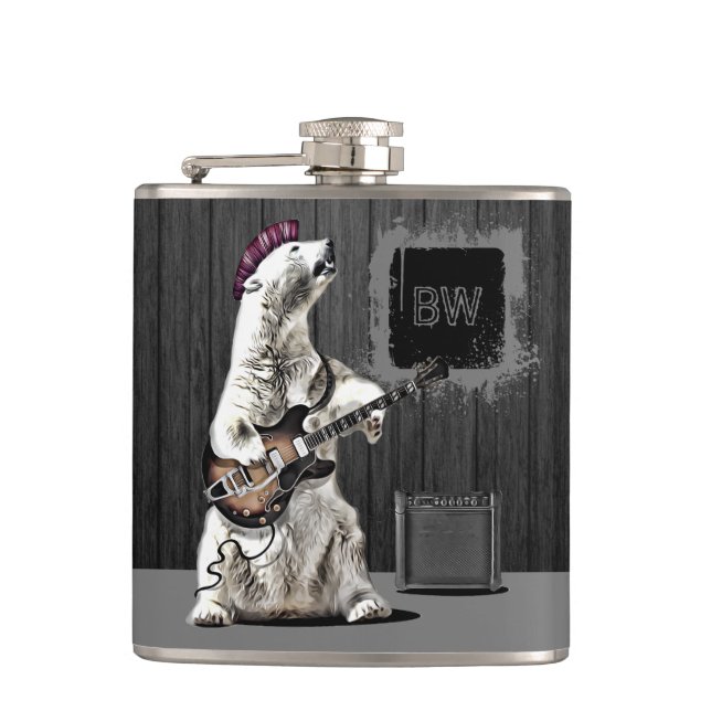 Monogram Funny Punk Rock Guitar Bear Musician Hip  Flask (Front)