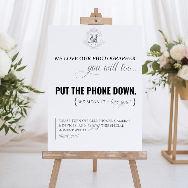 Monogram Funny Unplugged Wedding Ceremony Sign (Funny simple modern elegant custom vintage floral monogram crest unplugged wedding ceremony sign)