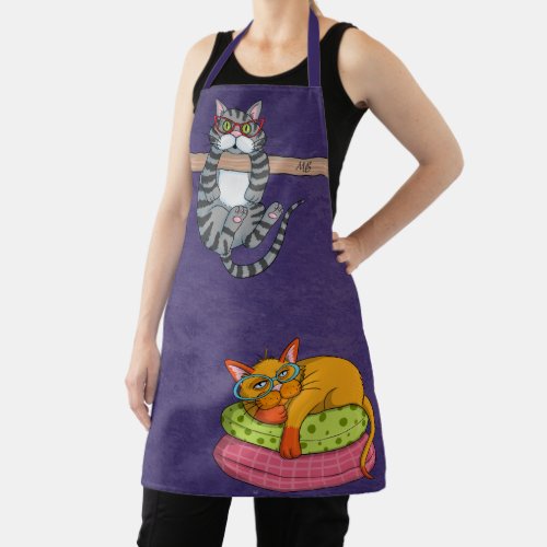 Monogram Funny Whimsical Cats Trendy Modern Apron