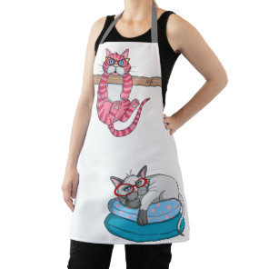 Monogram Funny Whimsical Cats Trendy Modern Apron