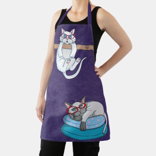 Monogram Funny Whimsical Cats Trendy Modern Apron