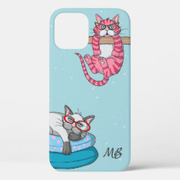 Monogram Funny Whimsical Cats Trendy Modern iPhone 12 Case