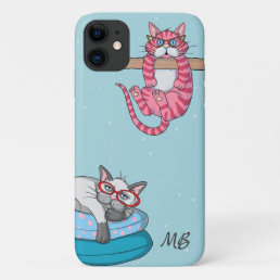 Monogram Funny Whimsical Cats Trendy Modern iPhone 11 Case