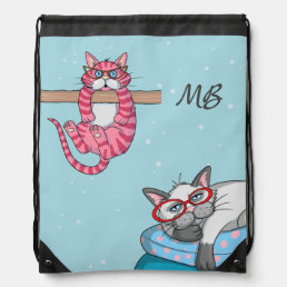 Monogram Funny Whimsical Cats Trendy Modern Drawstring Bag