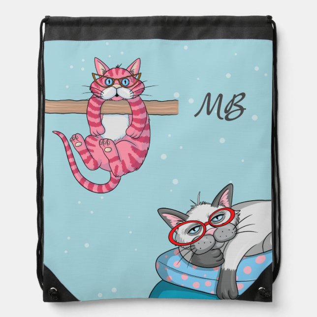 Monogram Funny Whimsical Cats Trendy Modern Drawstring Bag (Front)