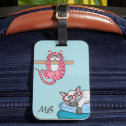 Monogram Funny Whimsical Cats Trendy Modern Luggage Tag