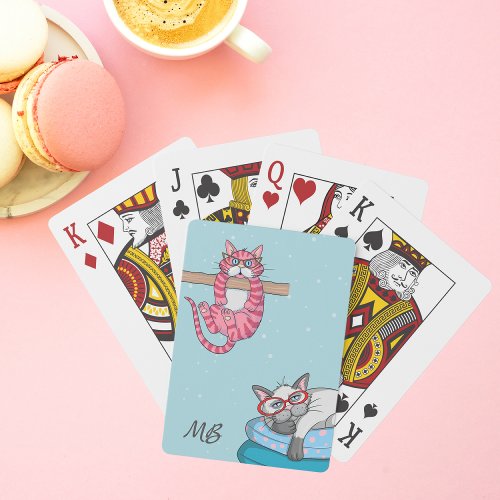 Monogram Funny Whimsical Cats Trendy Modern Playing Cards