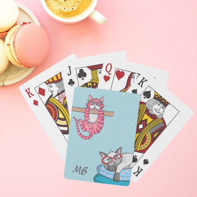 Monogram Funny Whimsical Cats Trendy Modern Poker Cards (Creator Uploaded)