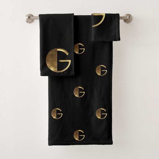 Monogram G Black and Gold Look Elegant Typography Bath Towel Set (Insitu)