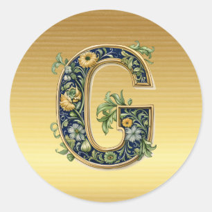 Monogram G, floral pattern on gold, Classic Round Sticker