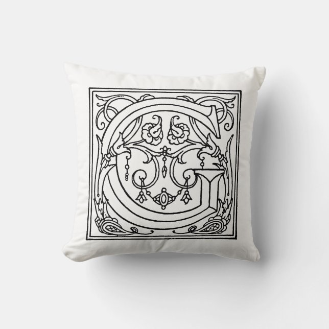 Monogram G Initial Black and White Floral Pattern Throw Pillow (Front)