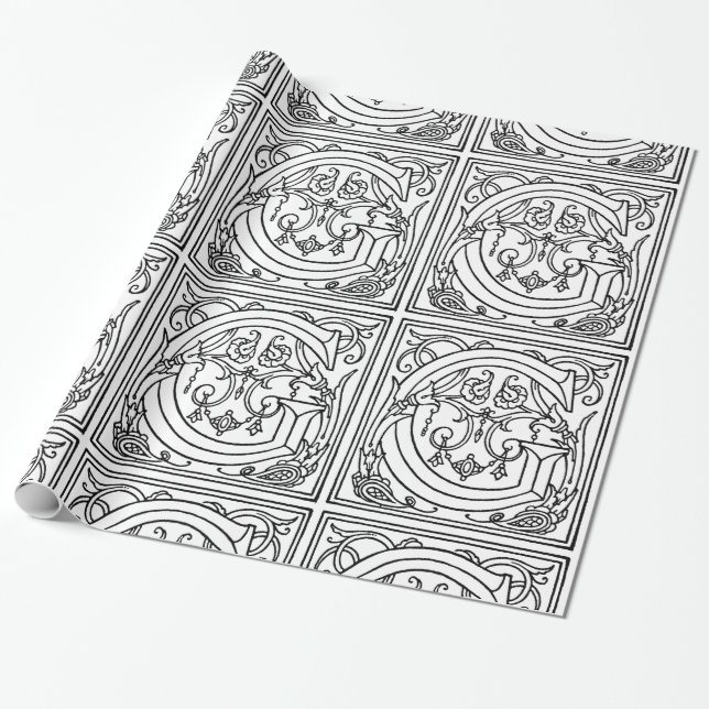 Monogram G Initial Black and White Floral Pattern Wrapping Paper (Unrolled)