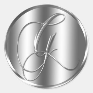 Monogram G Silver Color Wedding Invitation Holiday Classic Round Sticker