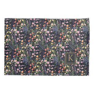 Monogram Garden Dark Background Wildflower Floral Pillow Case