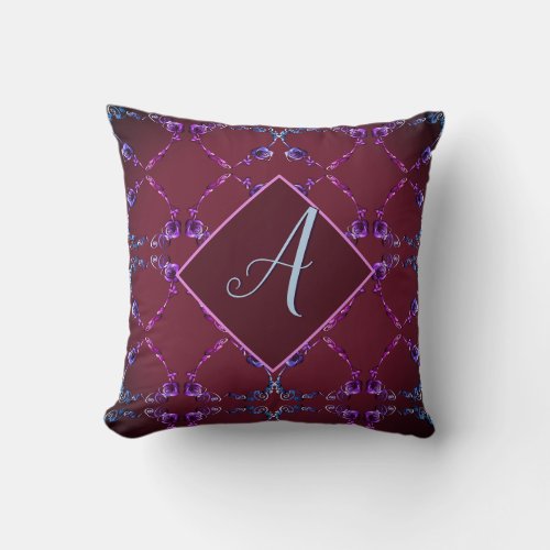 Monogram Garnet Blush Purple Rose Hearts Throw Pillow