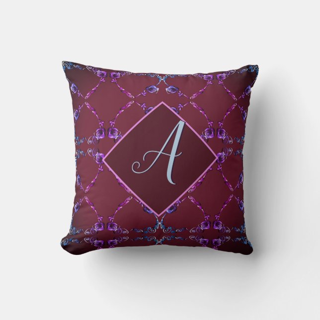 Monogram Garnet Blush Purple Rose Hearts Throw Pillow (Front)