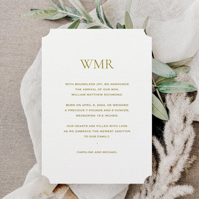 Monogram Gender Neutral Birth Announcement (Creator Uploaded)