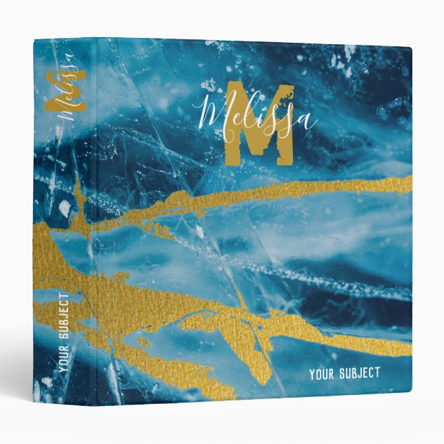 Monogram Geode Agate Gemstone Blue and Gold 3 Ring Binder (Front/Spine)
