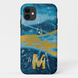 Monogram Geode Agate Gemstone Blue and Gold iPhone 11 Case