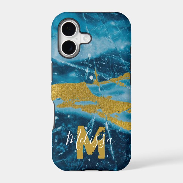 Monogram Geode Agate Gemstone Blue and Gold Iphone Case (Back)