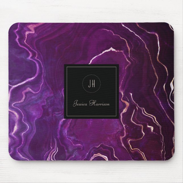 Monogram Geode Dark Purple Black Abstract Agate Mouse Pad (Front)
