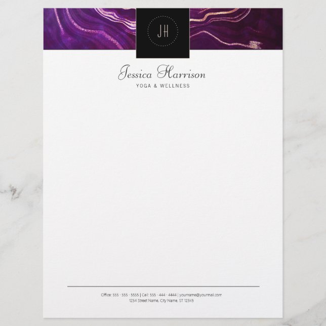 Monogram Geode Dark Purple Black Professional Letterhead (Front)