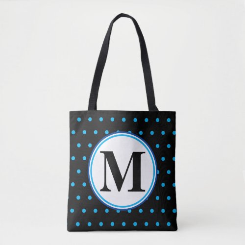 Monogram Geometric Black Blue Polka Dots Tote Bag